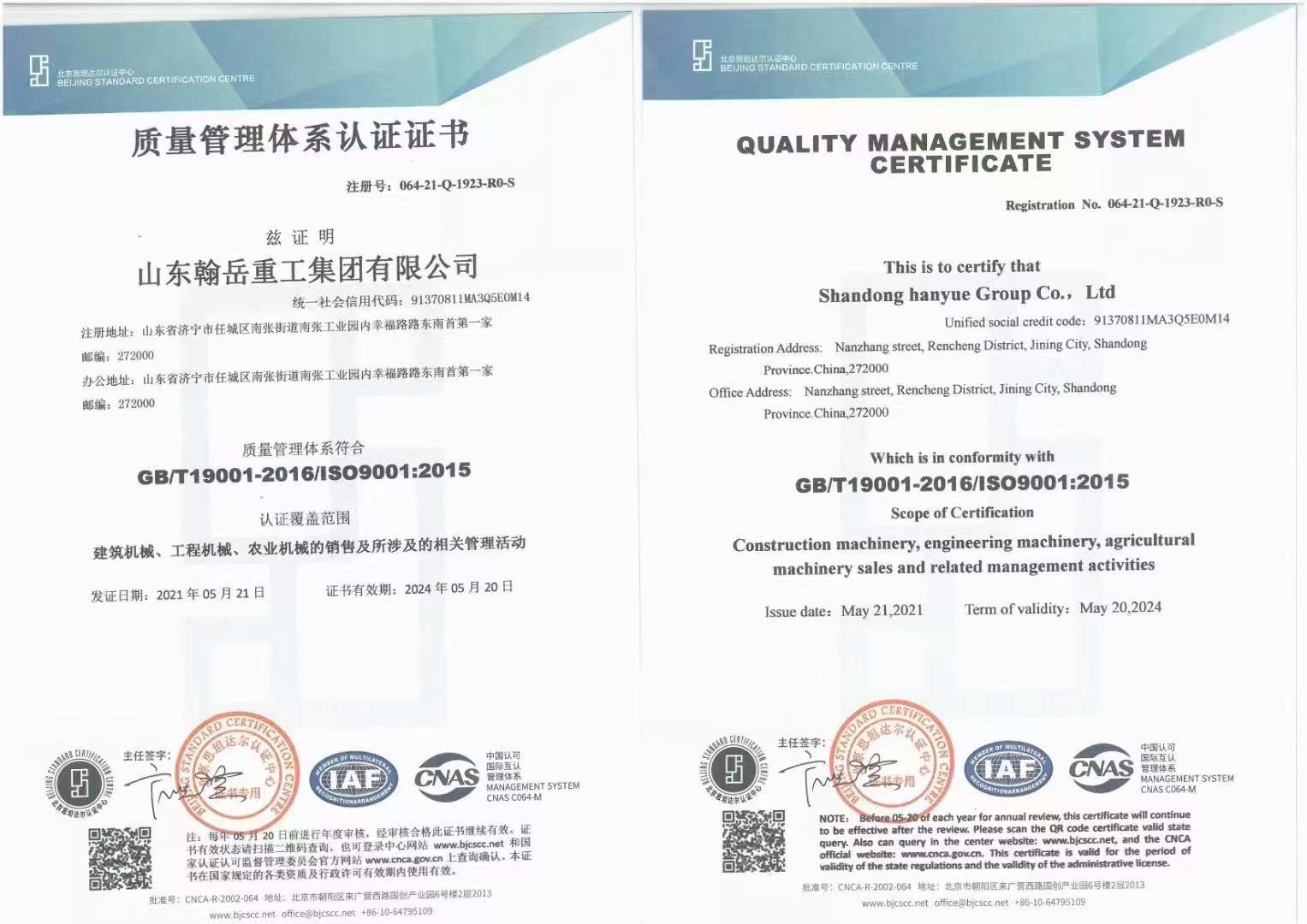 China Shandong Hanyue Heavy Industry Group Co., Ltd. Certification