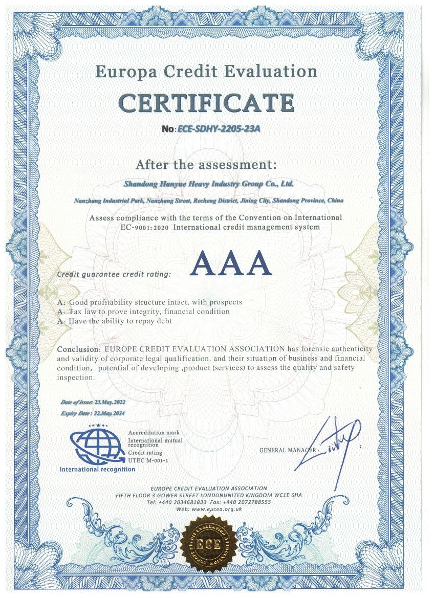 China Shandong Hanyue Heavy Industry Group Co., Ltd. Certification